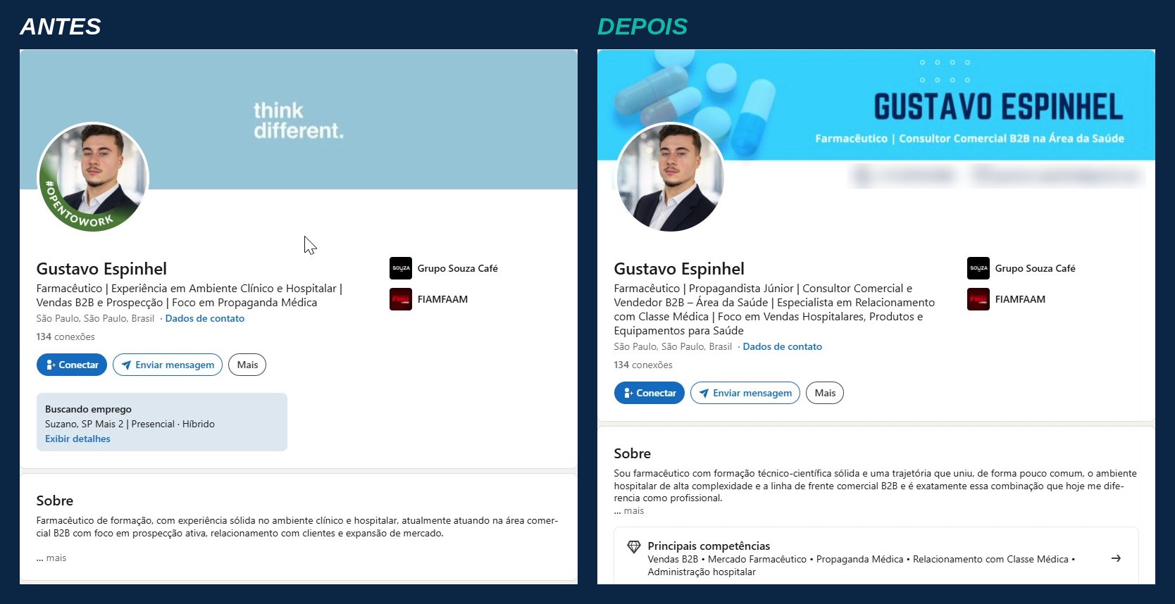 Perfil do LinkedIn antes e depois da otimização: capa genérica e título curto viram capa profissional, título completo com palavras-chave e Sobre reescrito